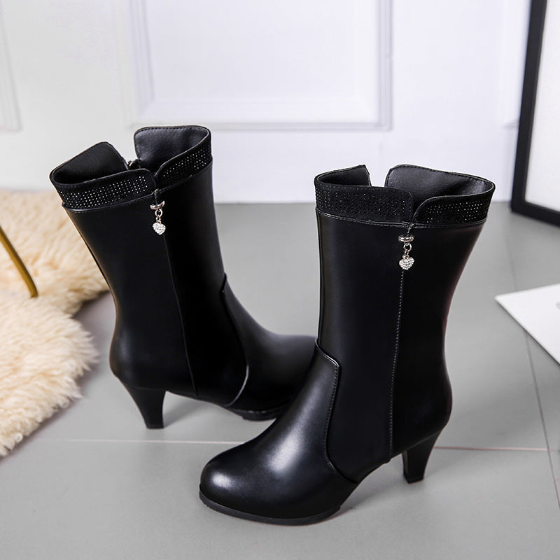 High-Heel Tube Side-Zipper Boots with Heart Pendant Charm