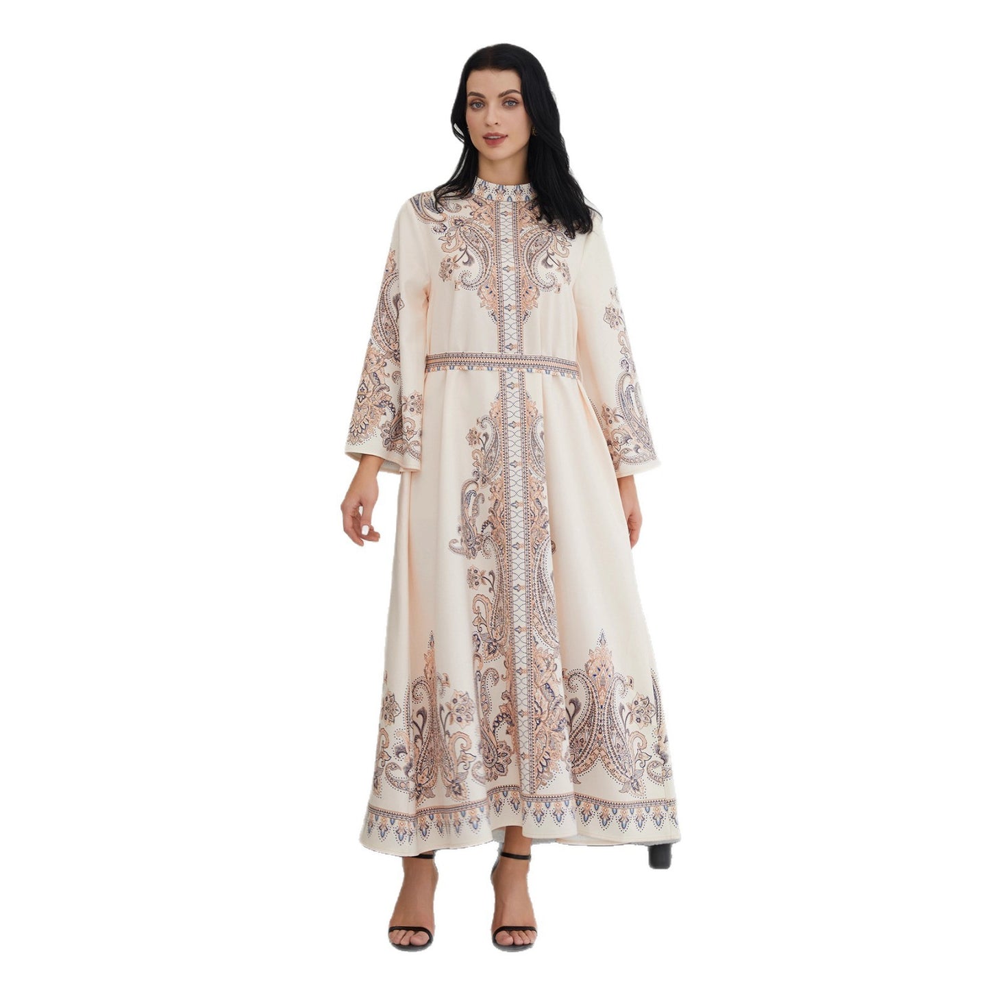 Retro Print Stand-Collar Muslim Maxi Dress – Gracefully Covered