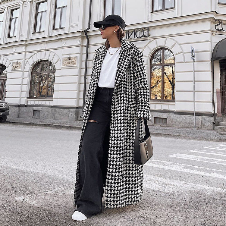 Houndstooth Long Trench Coat – Chic Modest Outerwear