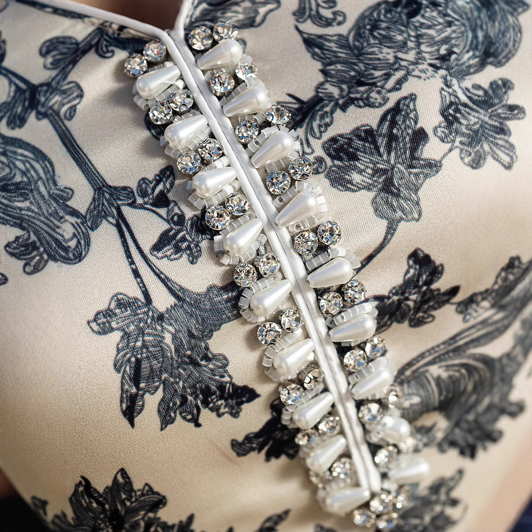 Elegant Satin V-Neck Printed Dress – Modest & Chic