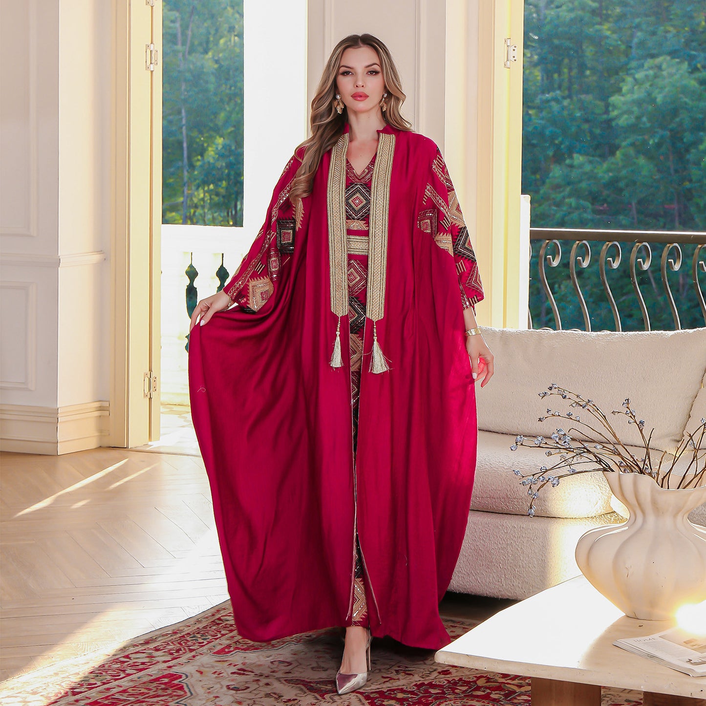 Luxury Two-Piece Evening Abaya Set – Embroidered Robe Style