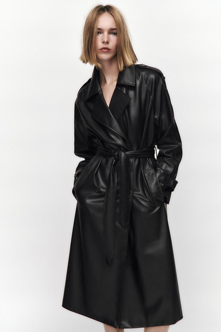 Slim Belted Faux-Leather Trench Coat – Elegant Modest Layer