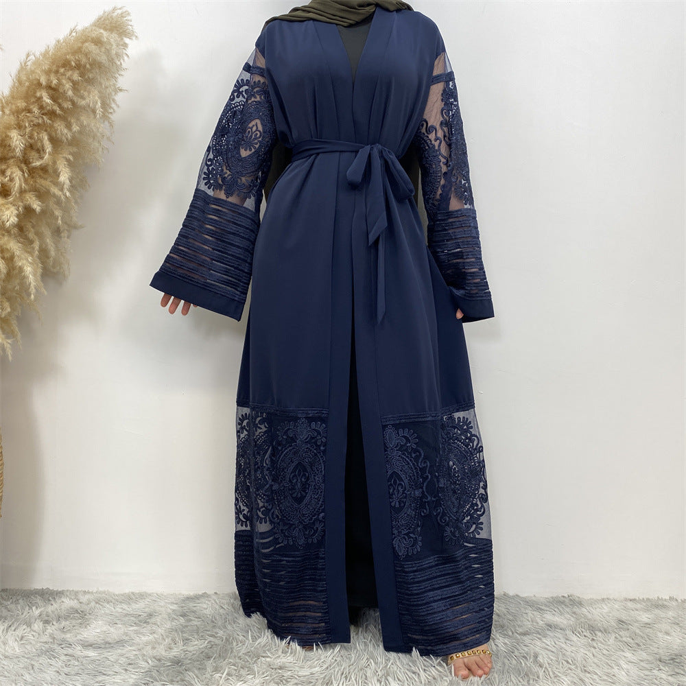 Embroidered Mesh Cardigan Robe Dress – Elegant Modest Layer