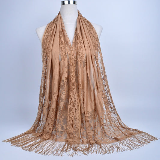 Lace-Edge Tassel Hijab Wrap – Solid Color Elegance