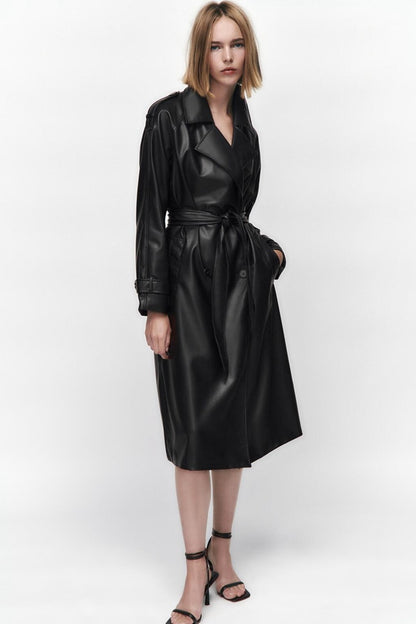 Slim Belted Faux-Leather Trench Coat – Elegant Modest Layer