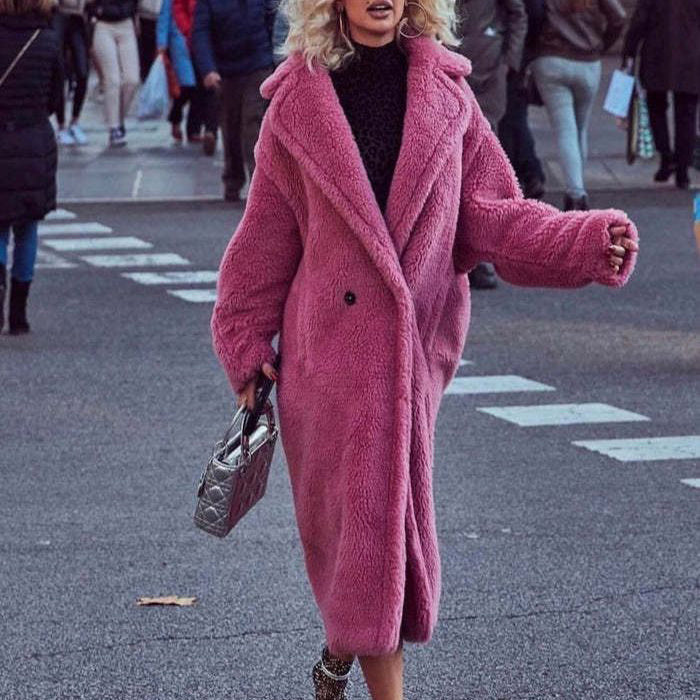 Lapel Lamb-Fleece Long Coat with Pockets – Luxe Winter Layer