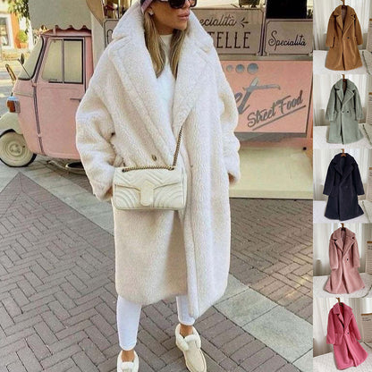 Lapel Lamb-Fleece Long Coat with Pockets – Luxe Winter Layer