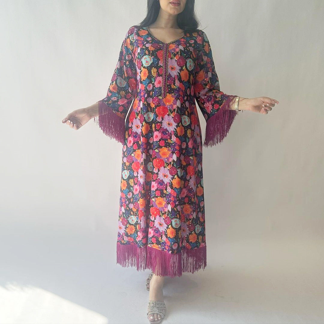 Elegant Bronze Printed Abaya – Modest & Glamorous Evening Wear
