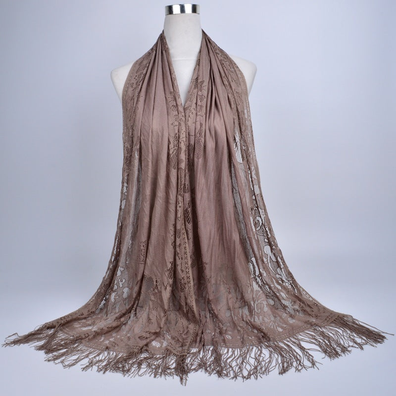 Lace-Edge Tassel Hijab Wrap – Solid Color Elegance