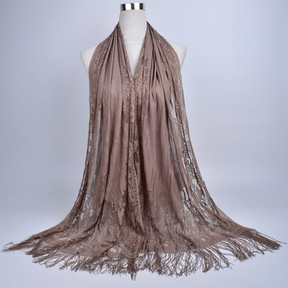 Lace-Edge Tassel Hijab Wrap – Solid Color Elegance