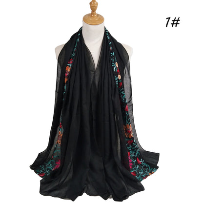 Big-Flower Embroidered Cotton-Linen Hijab Scarf – Floral Chic