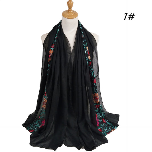 Big-Flower Embroidered Cotton-Linen Hijab Scarf – Floral Chic