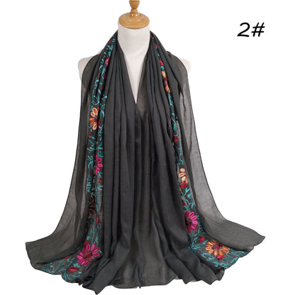 Big-Flower Embroidered Cotton-Linen Hijab Scarf – Floral Chic