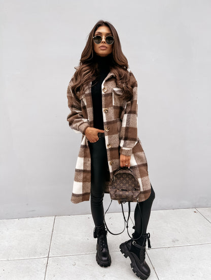 Plaid Long Woolen Coat with Button Lapel – Modest Chic