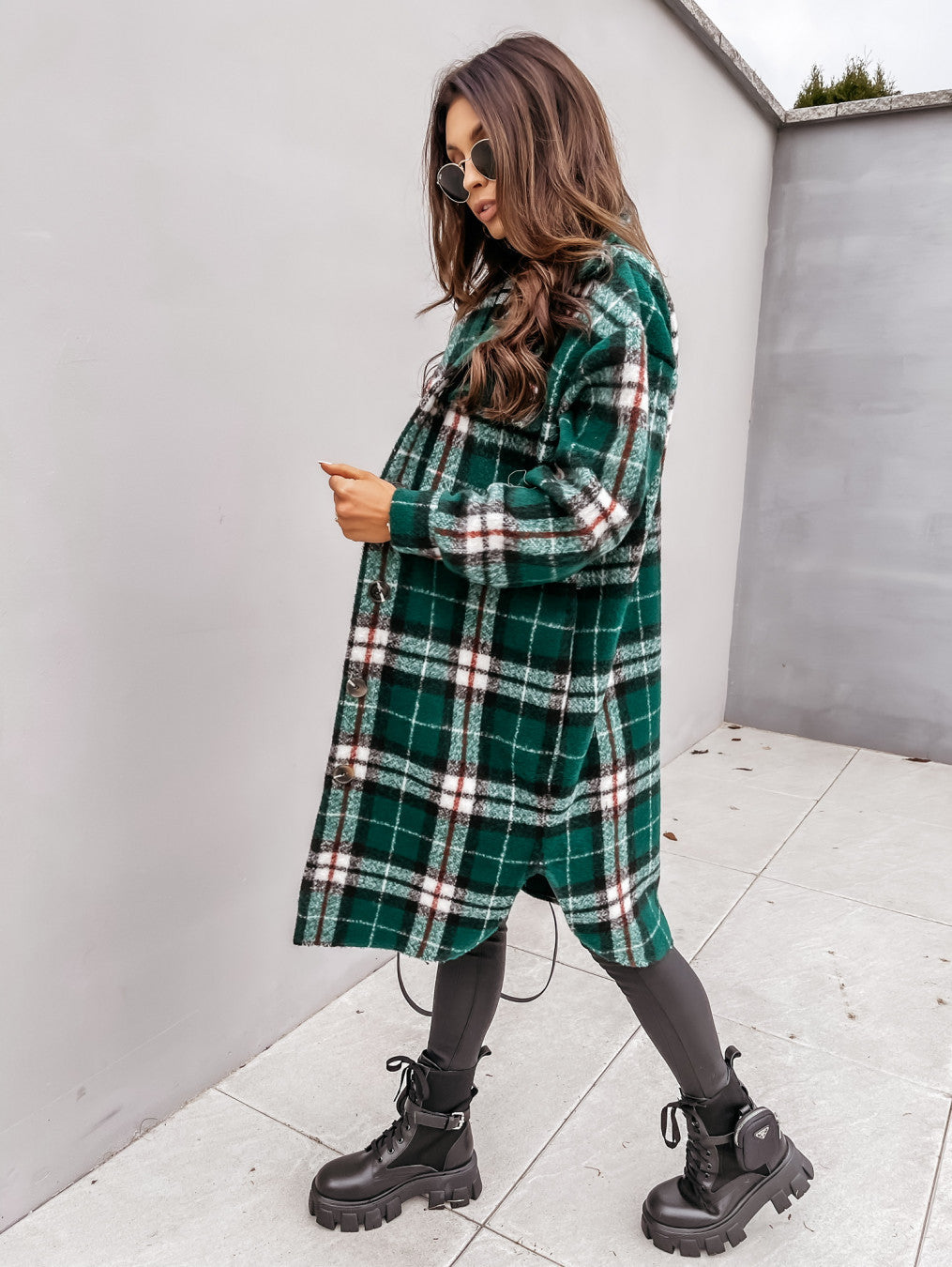 Plaid Long Woolen Coat with Button Lapel – Modest Chic