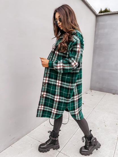 Plaid Long Woolen Coat with Button Lapel – Modest Chic