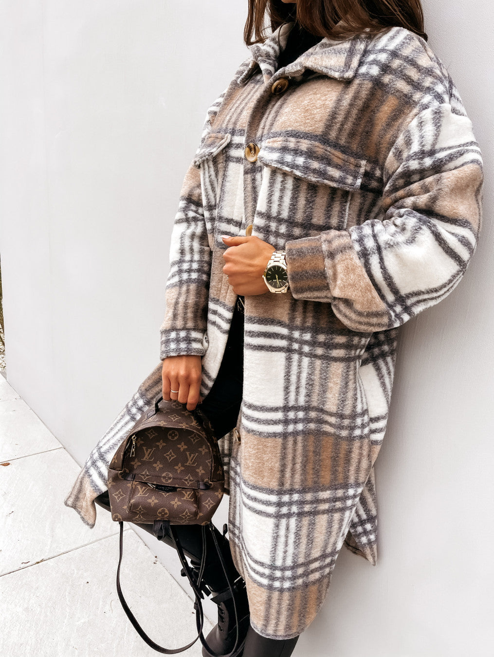 Plaid Long Woolen Coat with Button Lapel – Modest Chic