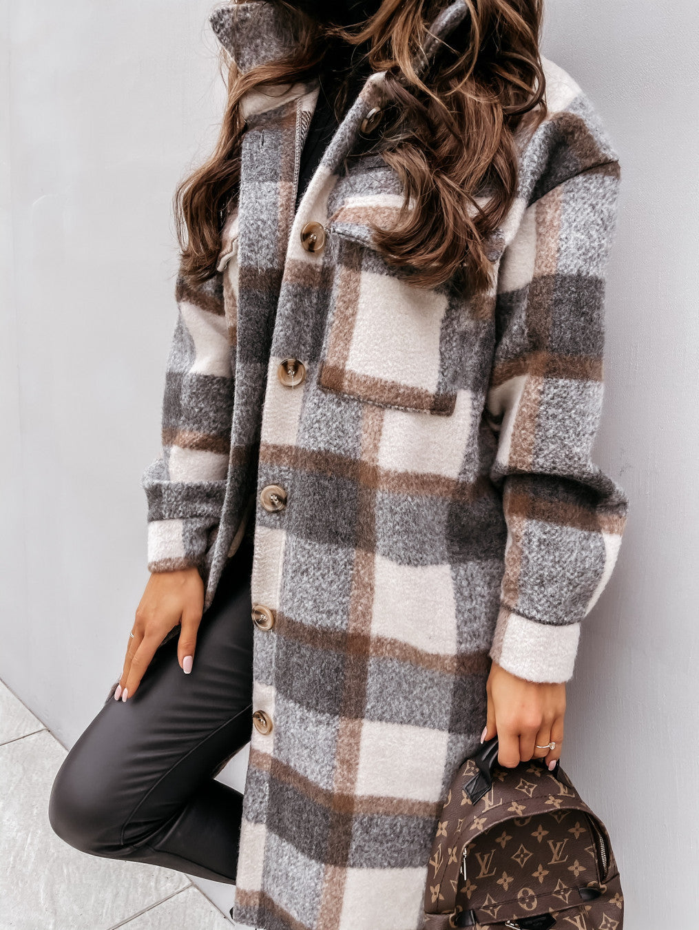 Plaid Long Woolen Coat with Button Lapel – Modest Chic