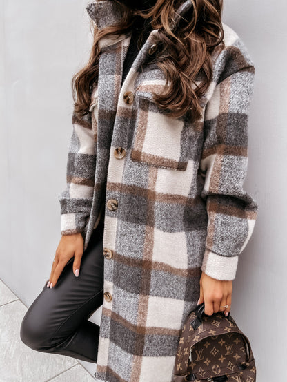 Plaid Long Woolen Coat with Button Lapel – Modest Chic
