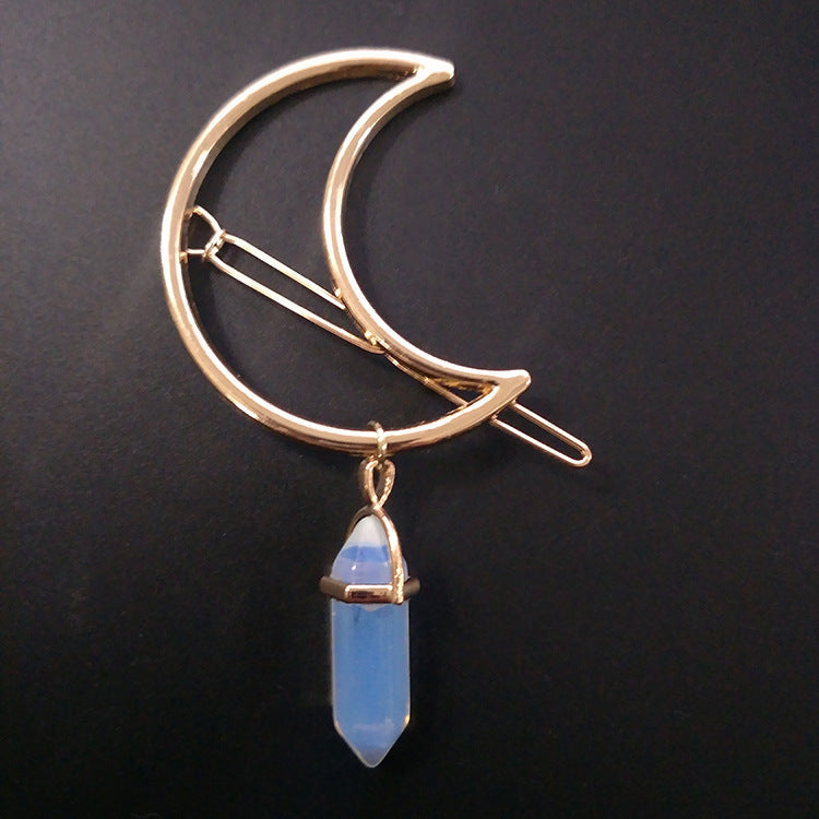 Moon & Hexagonal Natural-Stone Hairpin – Elegant Modest Accessory