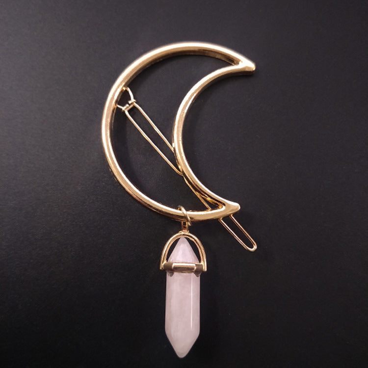 Moon & Hexagonal Natural-Stone Hairpin – Elegant Modest Accessory