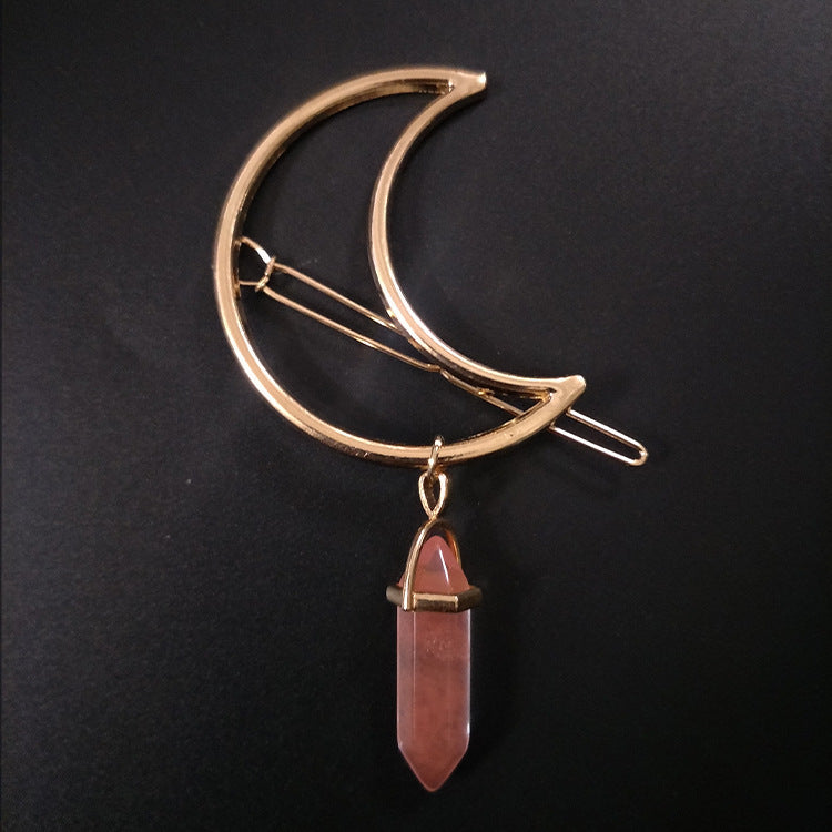 Moon & Hexagonal Natural-Stone Hairpin – Elegant Modest Accessory