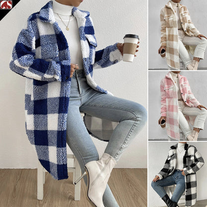 Plaid Button-Lapel Plush Coat – Chic Modest Outerwear