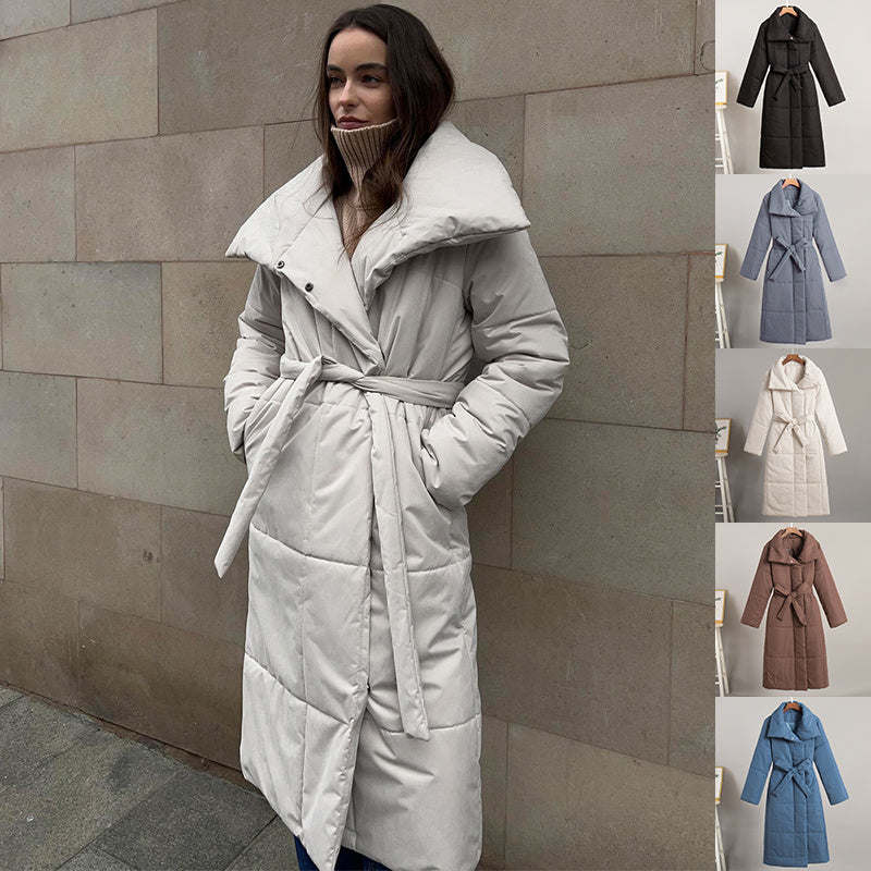 Large Lapel Lace-Up Long Coat – Winter Modest Outerwear