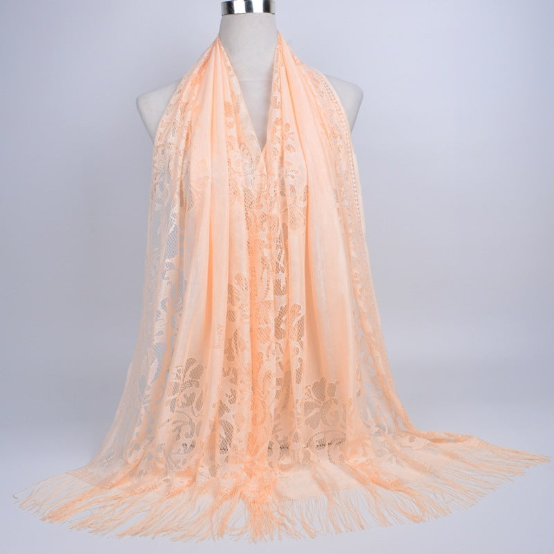 Lace-Edge Tassel Hijab Wrap – Solid Color Elegance