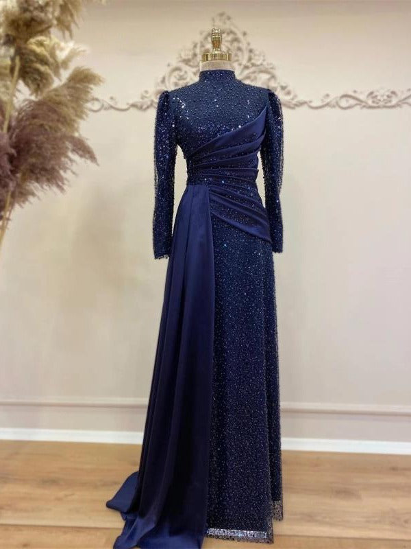 Elegant Stand-Collar Sequin Lace Maxi Dress – Modest Glamour