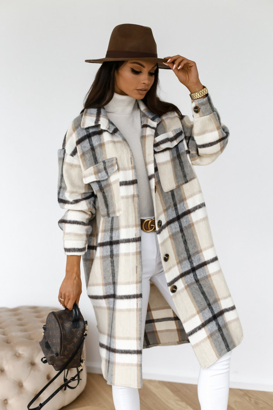 Plaid Long Woolen Coat with Button Lapel – Modest Chic