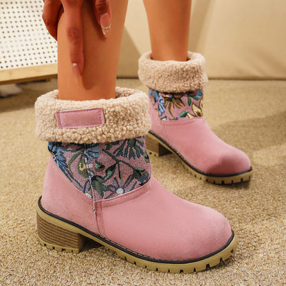 Flower-Embroidered Platform Snow Boots — Warm, Stylish Winter Essentials
