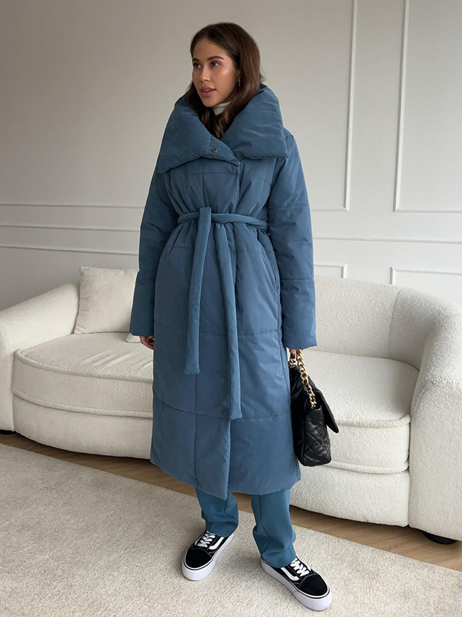 Large Lapel Lace-Up Long Coat – Winter Modest Outerwear