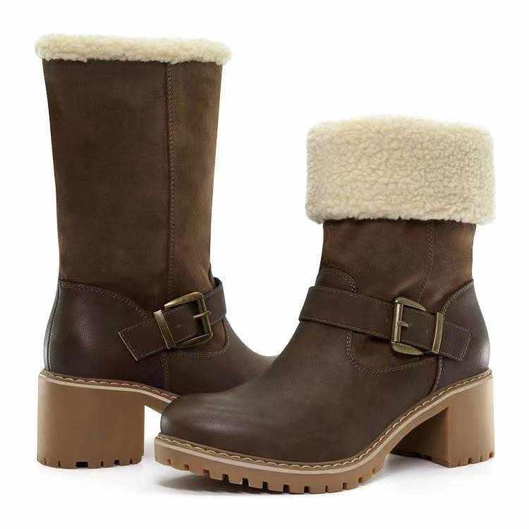 Chunky-Heel Western Buckle Boots — Warm Winter Fashion for Her