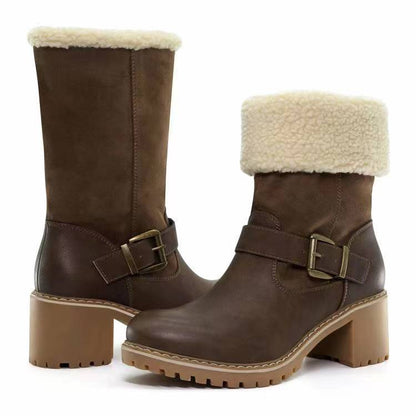 Chunky-Heel Western Buckle Boots — Warm Winter Fashion for Her