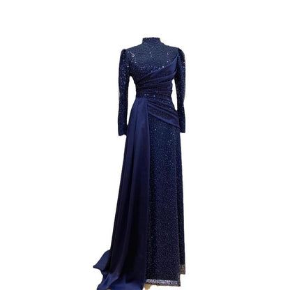 Elegant Stand-Collar Sequin Lace Maxi Dress – Modest Glamour