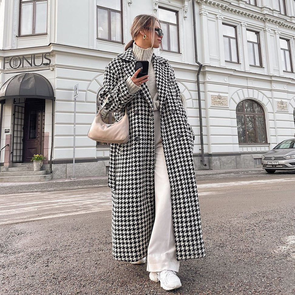Houndstooth Long Trench Coat – Chic Modest Outerwear