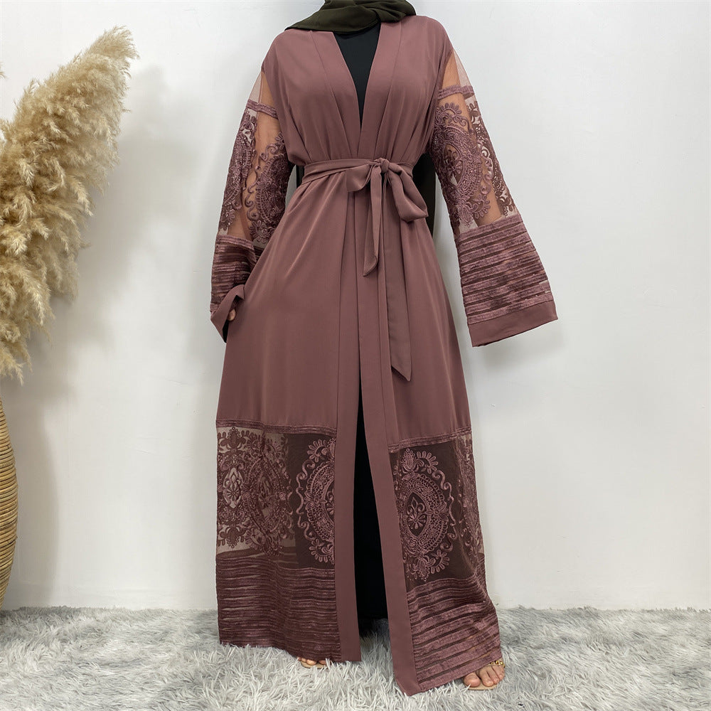 Embroidered Mesh Cardigan Robe Dress – Elegant Modest Layer