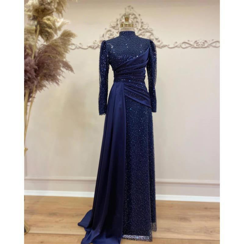 Elegant Stand-Collar Sequin Lace Maxi Dress – Modest Glamour