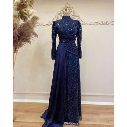 Elegant Stand-Collar Sequin Lace Maxi Dress – Modest Glamour