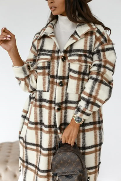 Plaid Long Woolen Coat with Button Lapel – Modest Chic