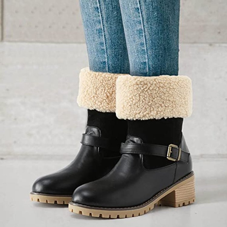 Chunky-Heel Western Buckle Boots — Warm Winter Fashion for Her