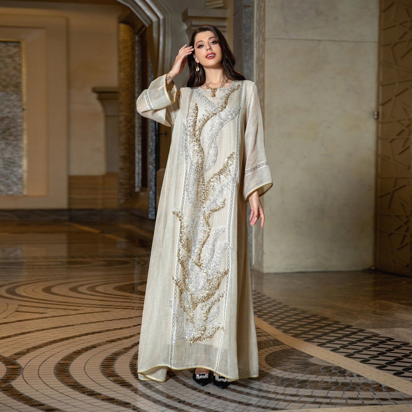 Elegant Sequined & Embroidered Abaya Robe – Modest Glamour