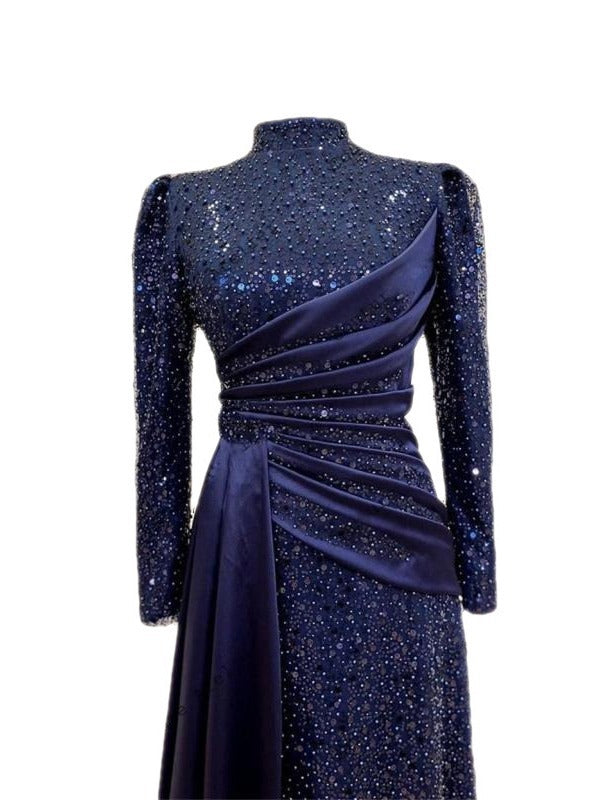 Elegant Stand-Collar Sequin Lace Maxi Dress – Modest Glamour