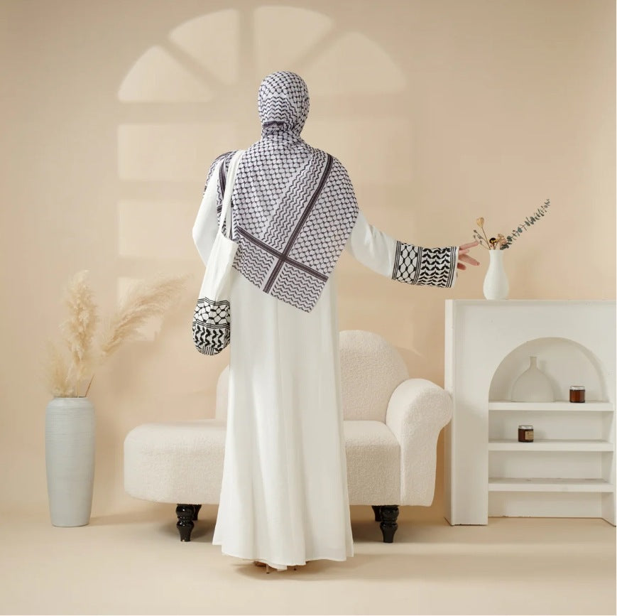 Keffiyeh-Style Abaya with Crossbody Bag – Modest & Statement
