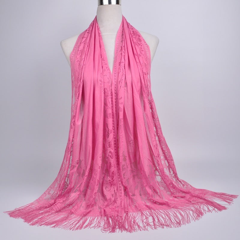 Lace-Edge Tassel Hijab Wrap – Solid Color Elegance