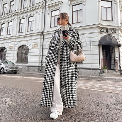 Houndstooth Long Trench Coat – Chic Modest Outerwear