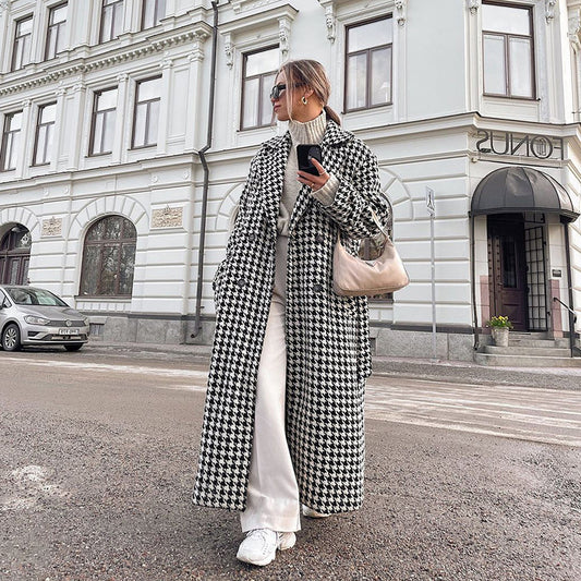 Houndstooth Long Trench Coat – Chic Modest Outerwear