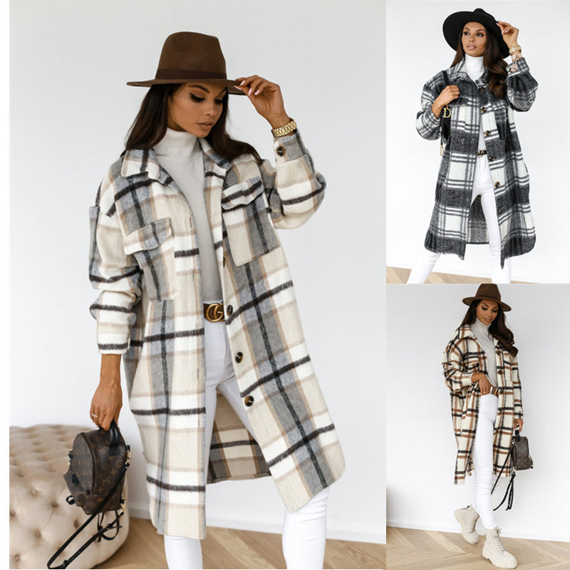 Plaid Long Woolen Coat with Button Lapel – Modest Chic