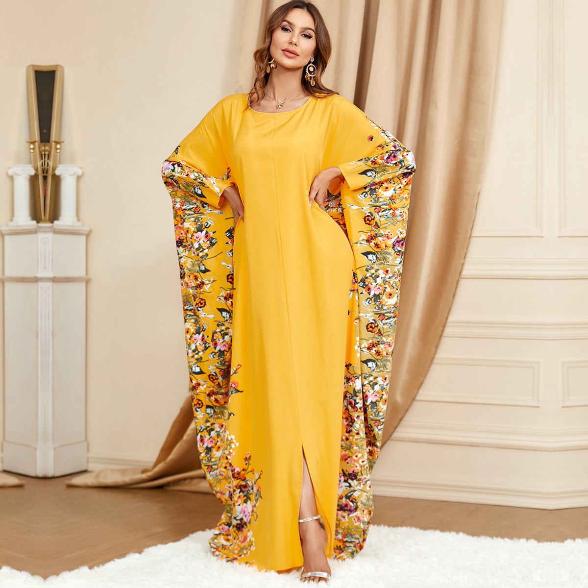 Elegant Bat-Sleeve Plus-Size Dress – Bold Yellow Modest Style